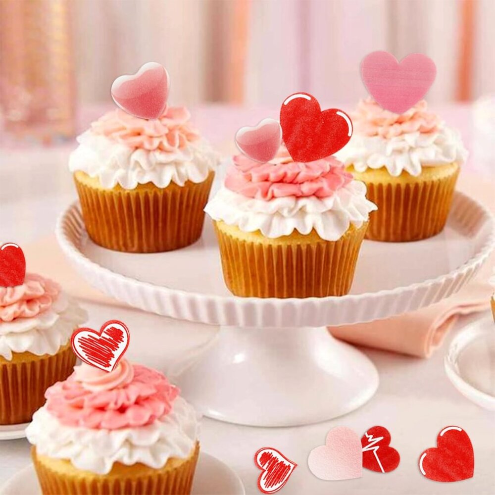 80Pack Edible Valentine's Day Heart Cupcake Toppers Red Edible Heart Cupcake Dri - Picture 6 of 7
